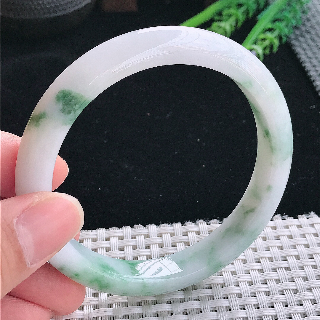 实拍天然翡翠60.5/11.3/8.3大圈口老坑温润飘花手镯翡翠玉镯手环