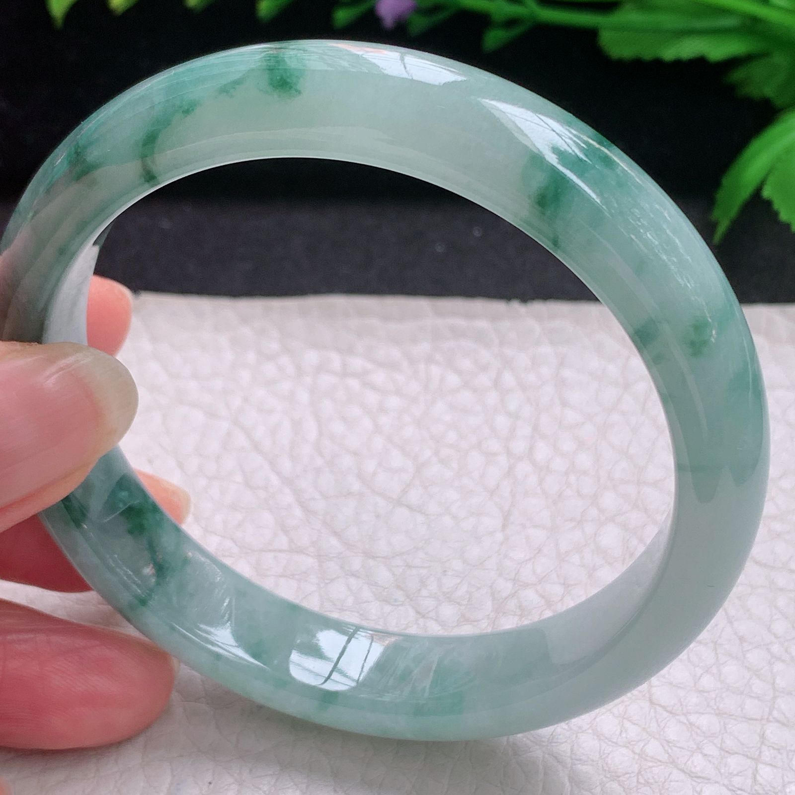 js飘花款58*12.8*7.7平安镯 缅甸翡翠A货玉手镯精美冰飘花宽边玉手环