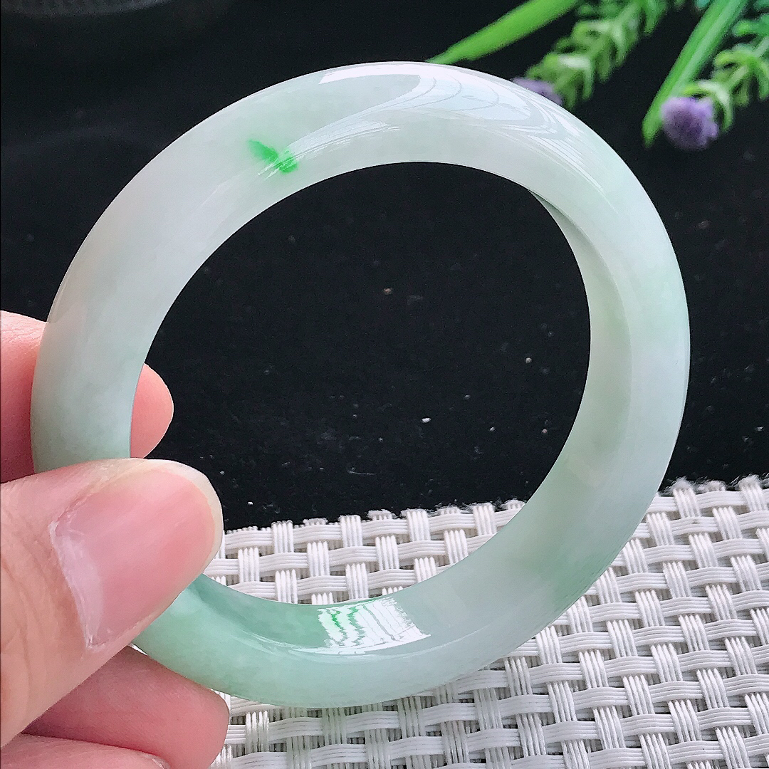实拍天然翡翠52.8/12.4/8.6老坑冰润飘绿手镯翡翠玉镯手环