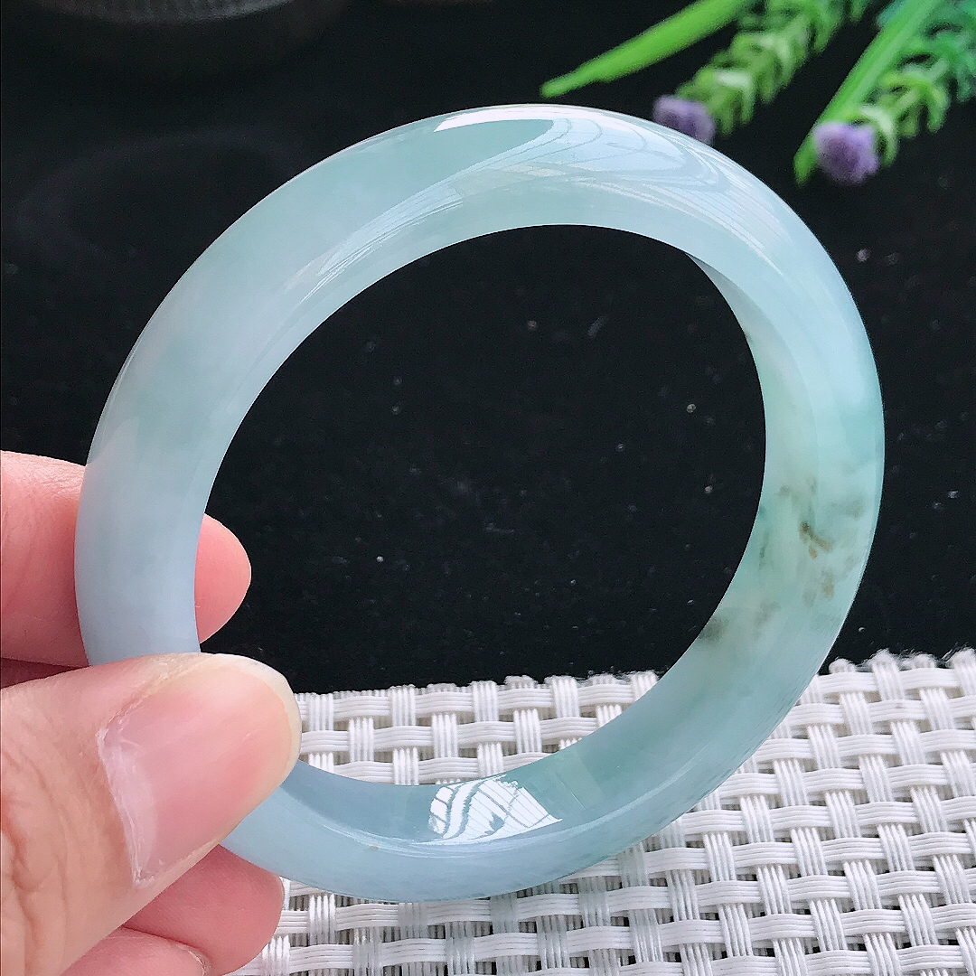 实拍天然翡翠55.5/11.5/8.6老坑冰胶果冻蓝韵飘花手镯翡翠玉镯手环