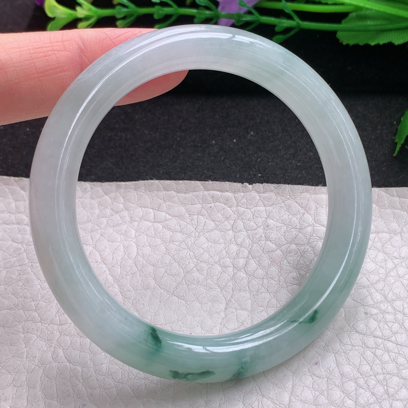 ee实拍53.8*9美人镯 缅甸翡翠A货玉手镯精美冰飘花圆条玉手镯