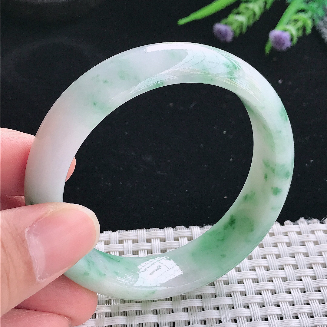 实拍天然翡翠54.5/15.4/8.1轮胎镯老坑精美温润飘花手镯翡翠玉镯手环