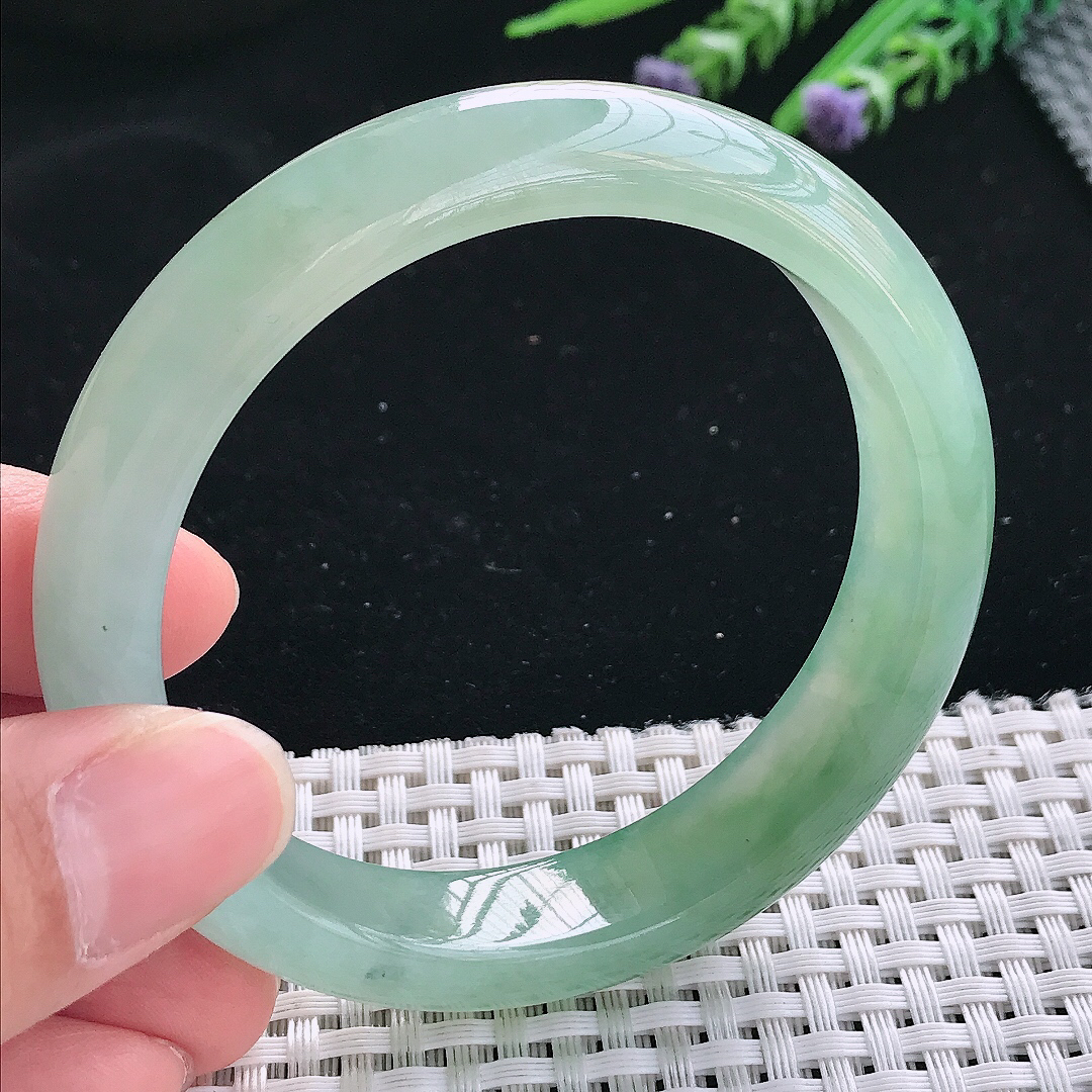 实拍天然翡翠57.5/12.8/8.1老坑冰胶果冻冰晴绿满绿手镯翡翠玉镯手环