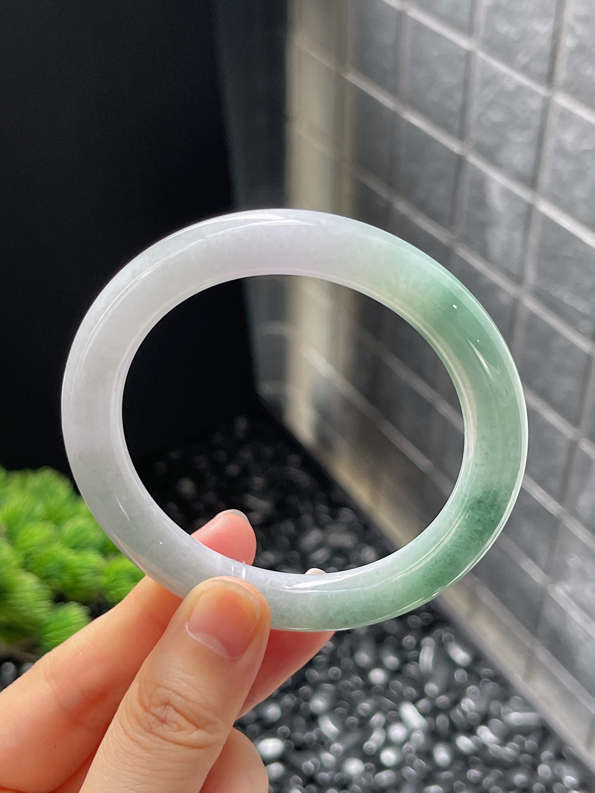 圆镯55.4圈口，翡翠糯化种半山水手镯