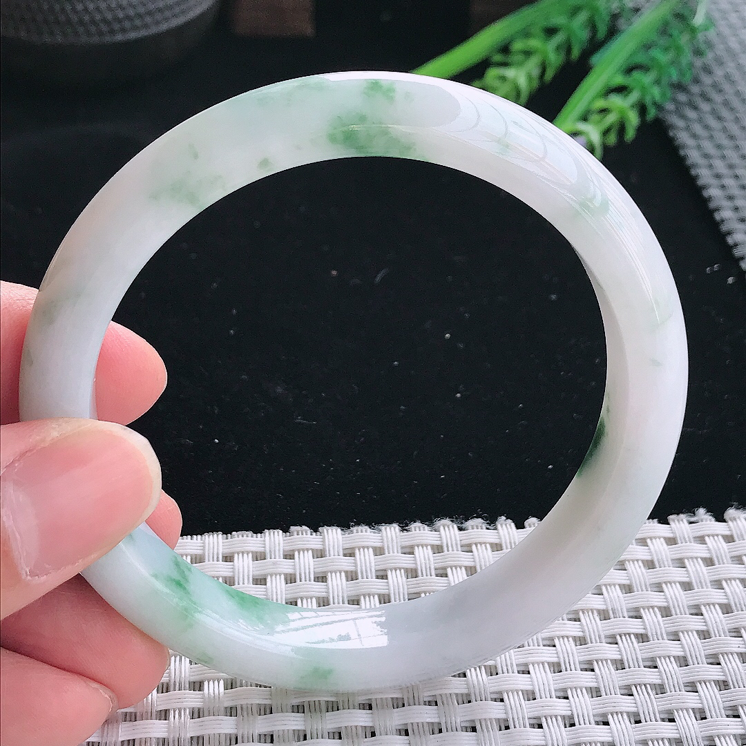 实拍天然翡翠60.5/11.3/8.3大圈口老坑温润飘花手镯翡翠玉镯手环