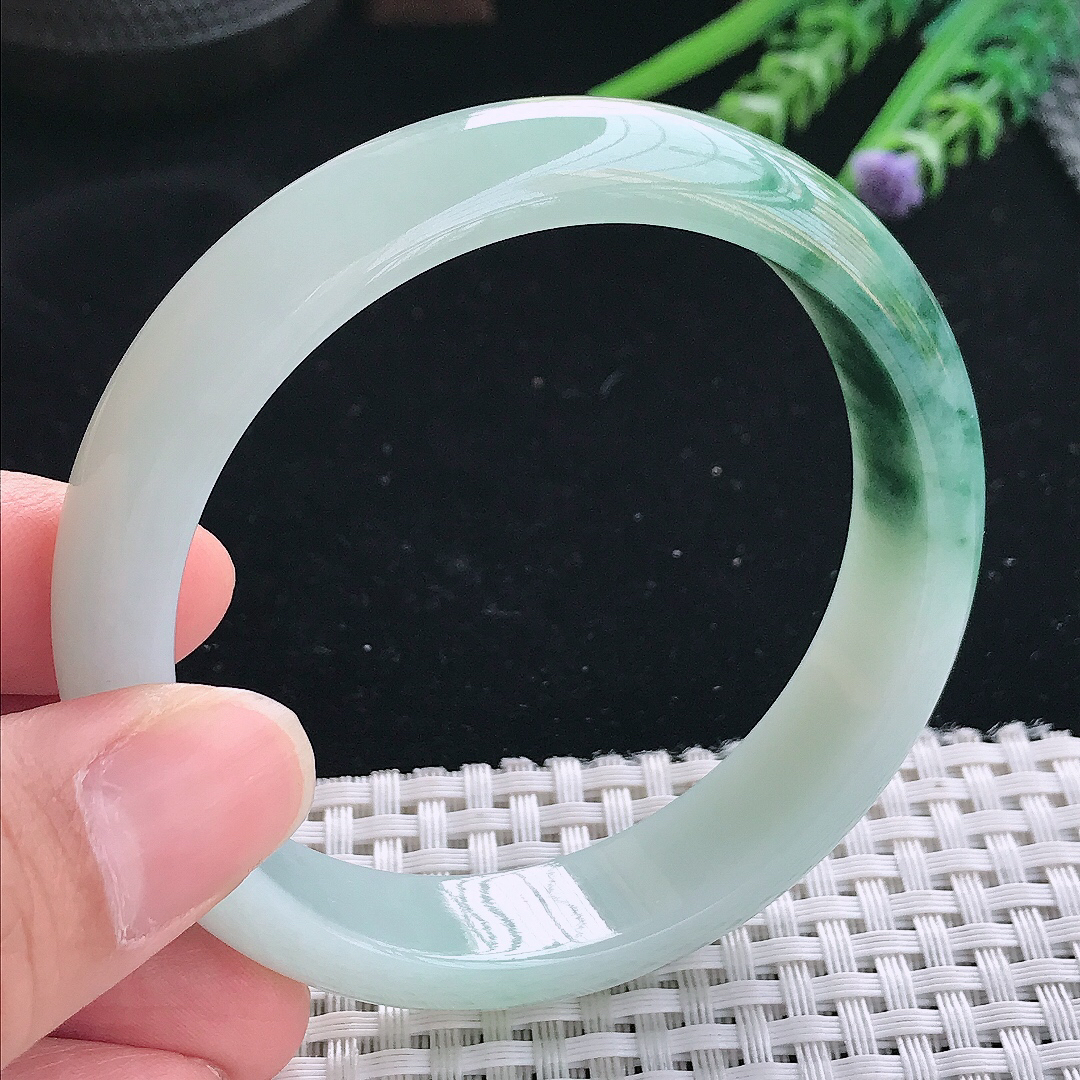 实拍天然翡翠59/13.8/7.6老坑精美冰润飘花手镯翡翠玉镯手环