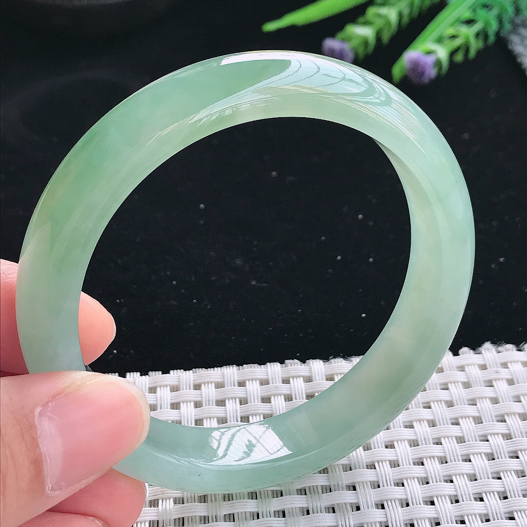 实拍天然翡翠57.5/12.8/8.1老坑冰胶果冻冰晴绿满绿手镯翡翠玉镯手环