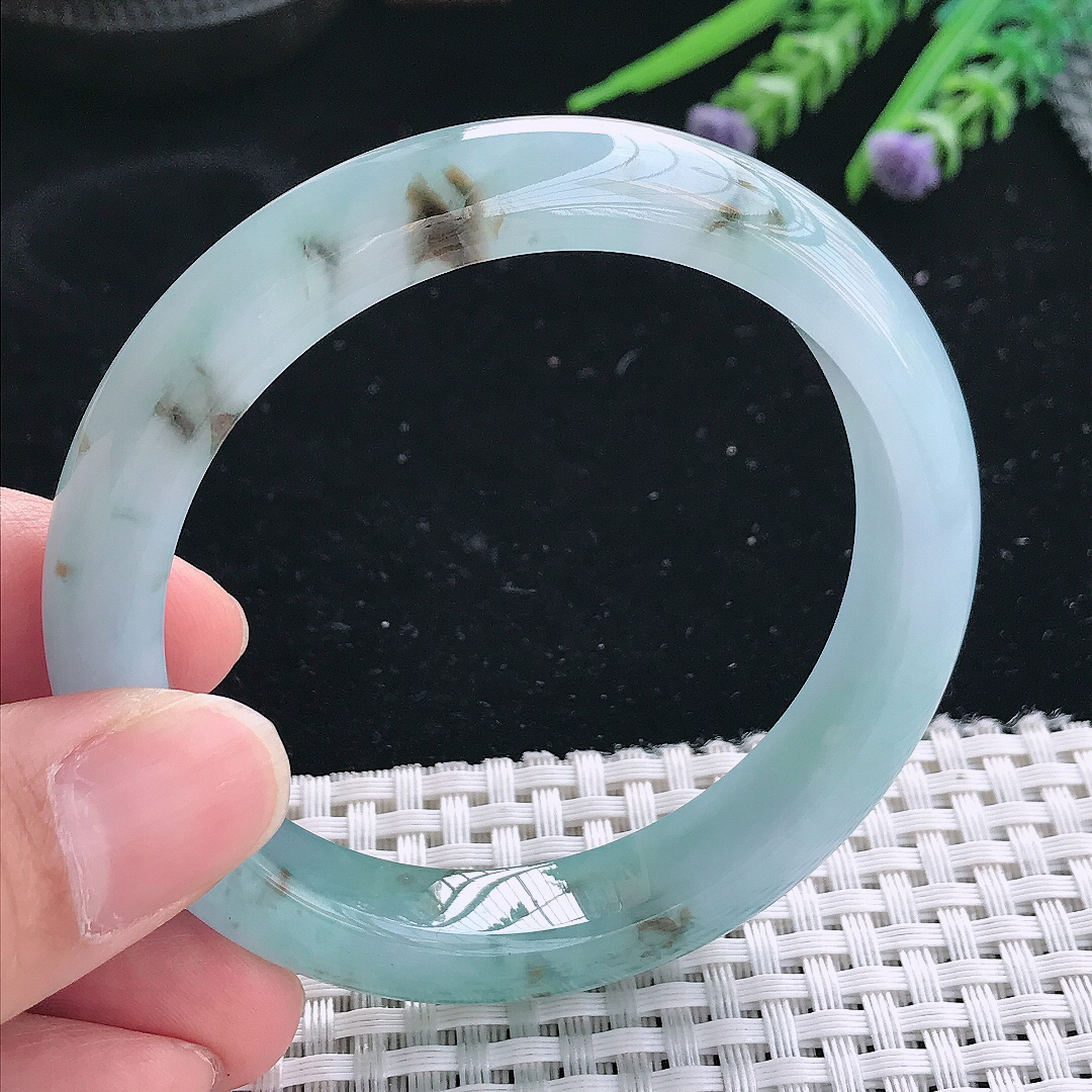 实拍天然翡翠55.5/11.5/8.6老坑冰胶果冻蓝韵飘花手镯翡翠玉镯手环