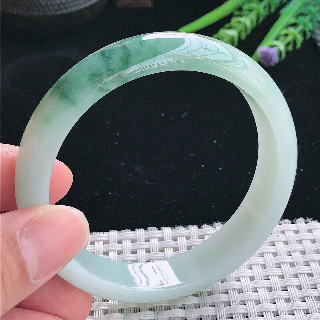 实拍天然翡翠59/13.8/7.6老坑精美冰润飘花手镯翡翠玉镯手环