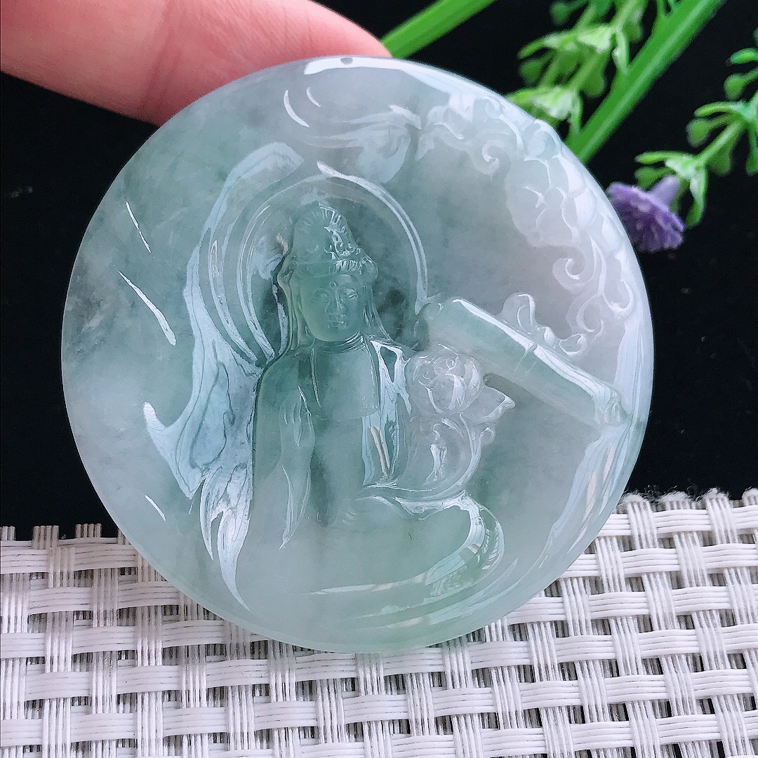 实拍A货翡翠57.5/5.5老坑冰胶水灵持莲观音吊坠翡翠挂件