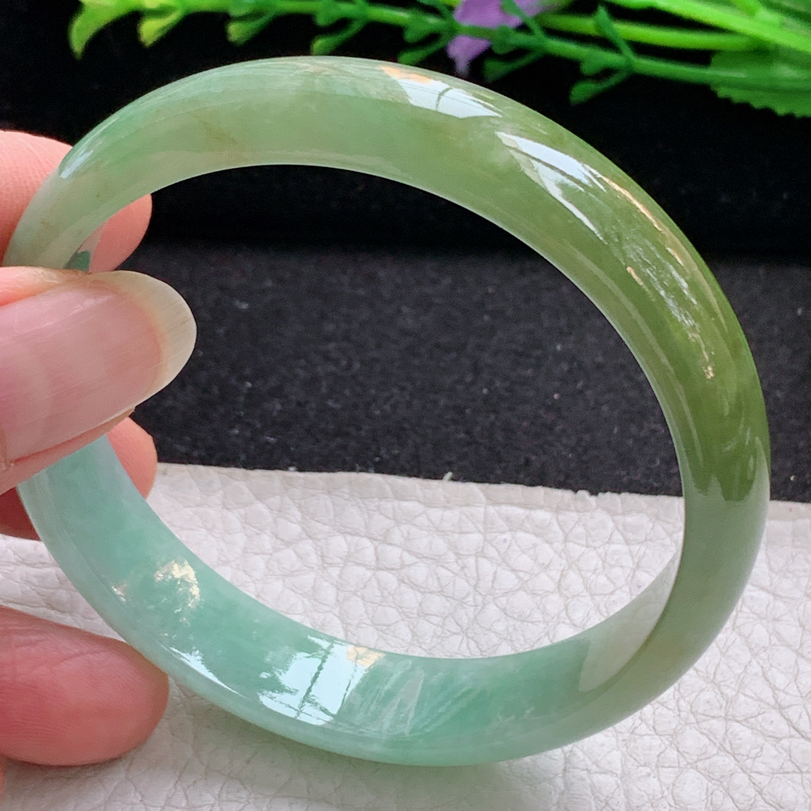 js实拍58.5*13.2*6.5招财镯 天然缅甸翡翠A货手镯冰双彩正圈玉手环