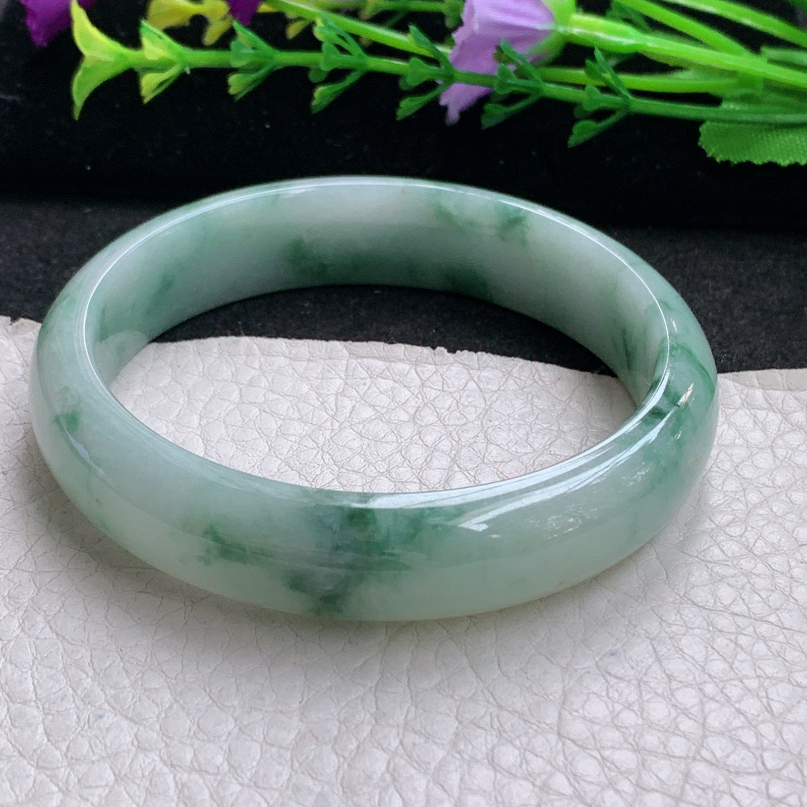 nr实拍57*13.6*7.3平安镯 天然缅甸翡翠A货手镯水润飘花宽边正圈玉手环