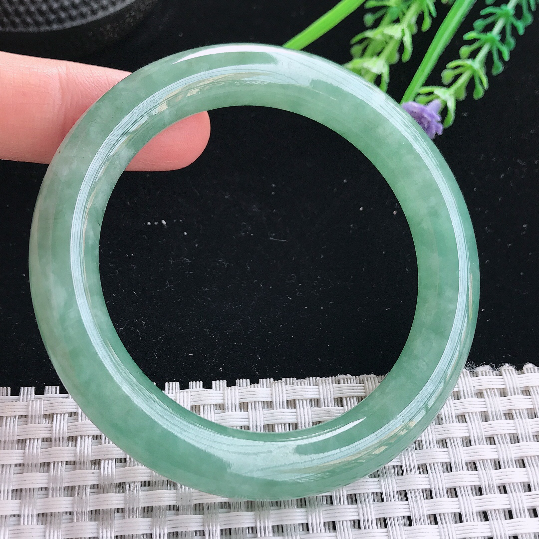 实拍天然翡翠55/10.5/10.3老坑冰润起胶满绿圆条手镯翡翠玉镯手环