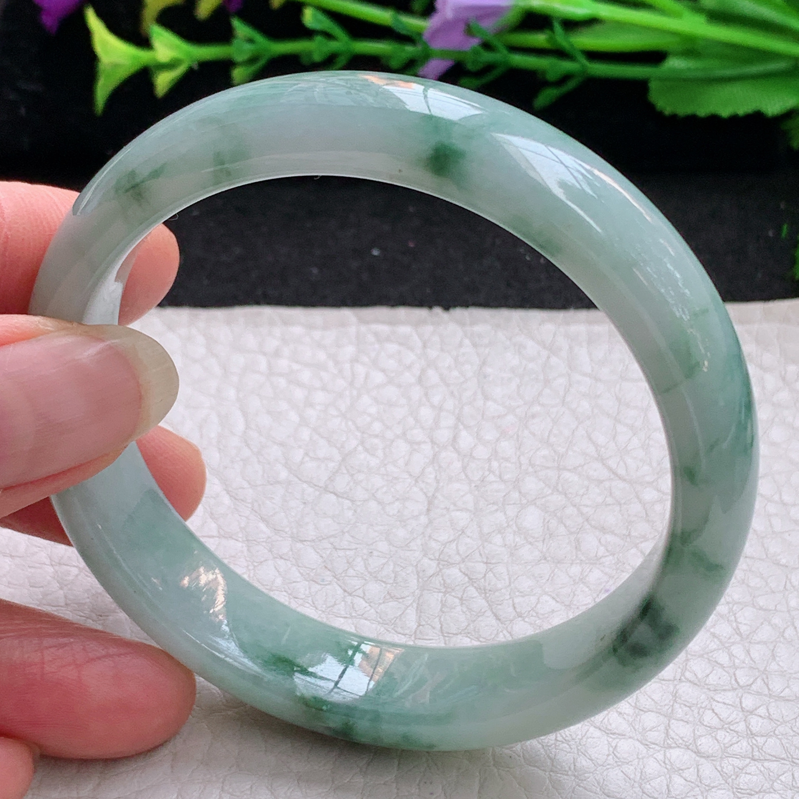 nr实拍57*13.6*7.3平安镯 天然缅甸翡翠A货手镯水润飘花宽边正圈玉手环