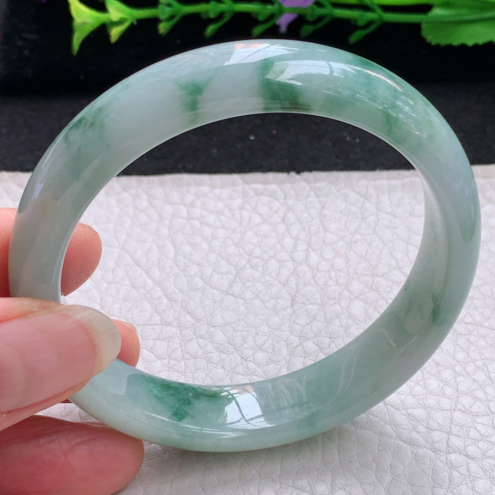 nr实拍57*13.6*7.3平安镯 天然缅甸翡翠A货手镯水润飘花宽边正圈玉手环