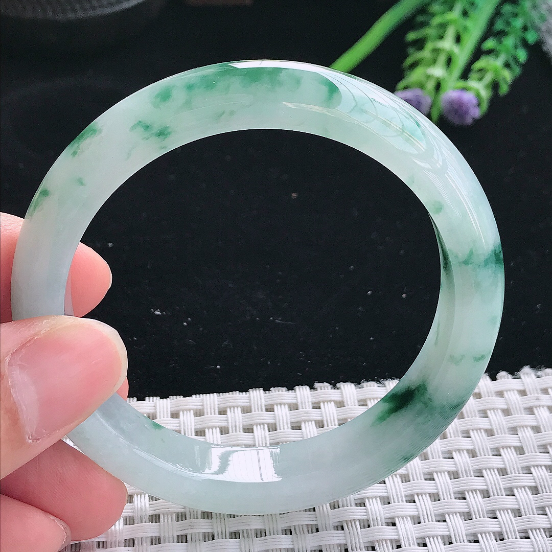 实拍天然翡翠56/11.3/8.3老坑冰胶水灵冰飘花手镯翡翠玉镯手环