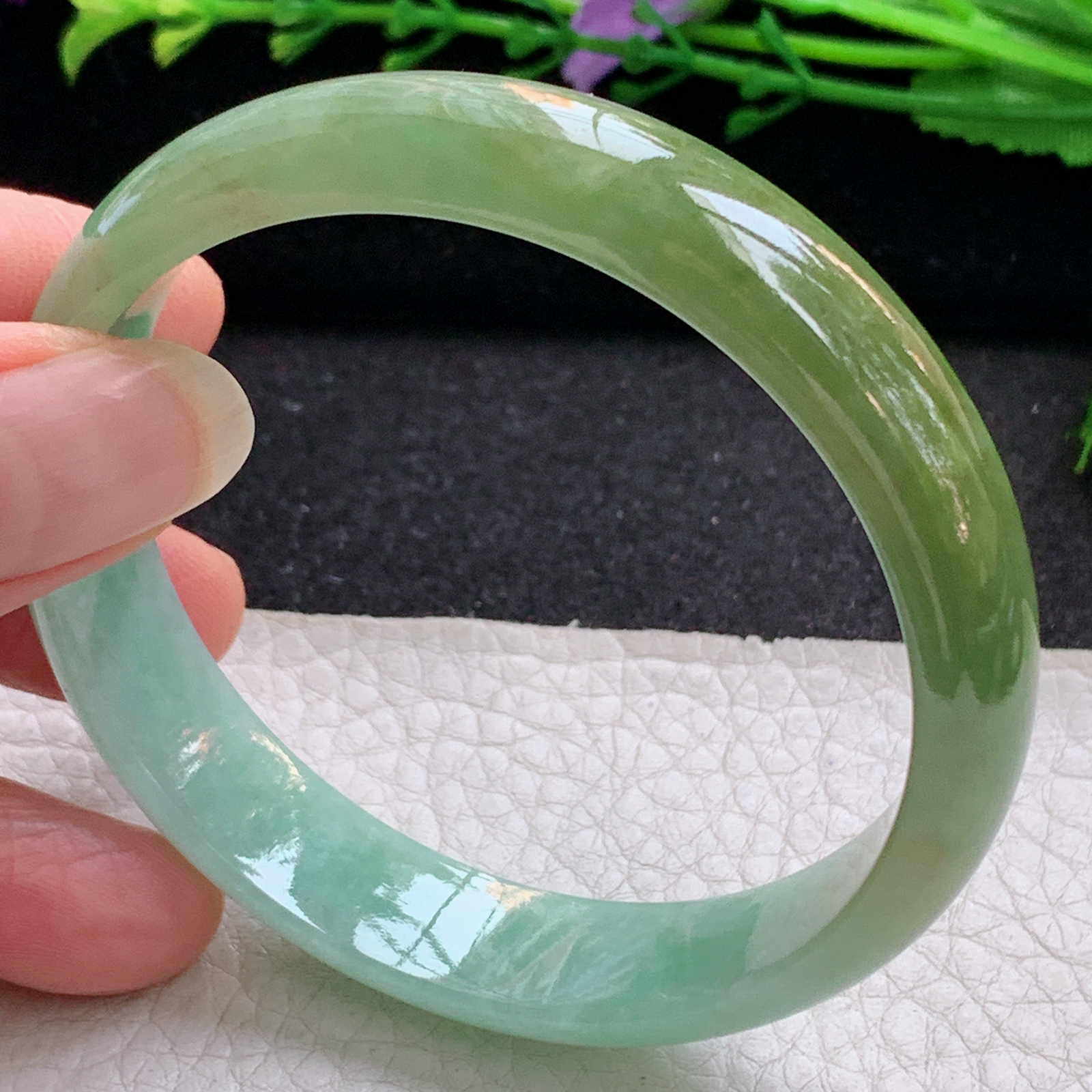js实拍58.5*13.2*6.5招财镯 天然缅甸翡翠A货手镯冰双彩正圈玉手环