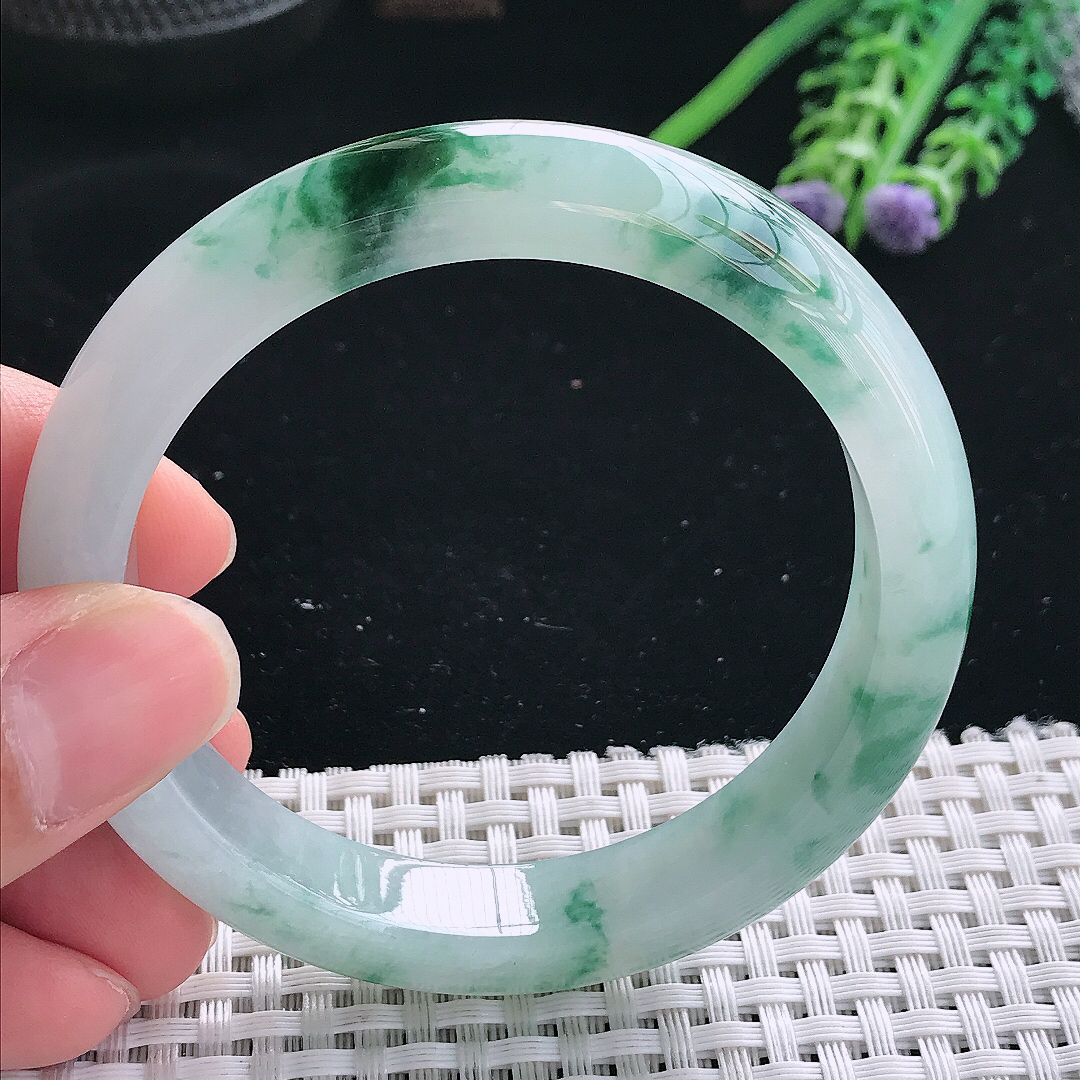 实拍天然翡翠56/11.3/8.3老坑冰胶水灵冰飘花手镯翡翠玉镯手环