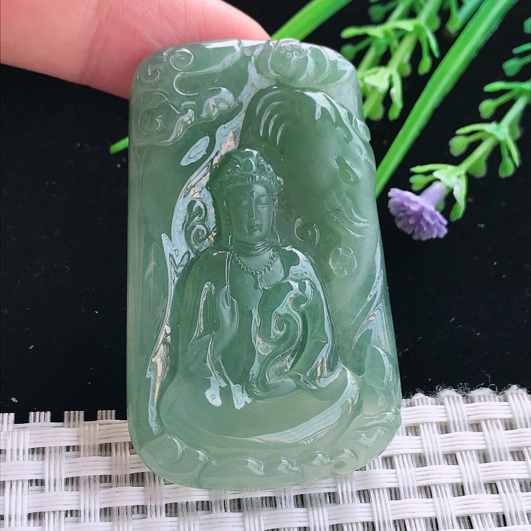 实拍A货翡翠57/36/6.6老坑冰胶果冻冰晴满绿普贤菩萨吊坠翡翠挂件