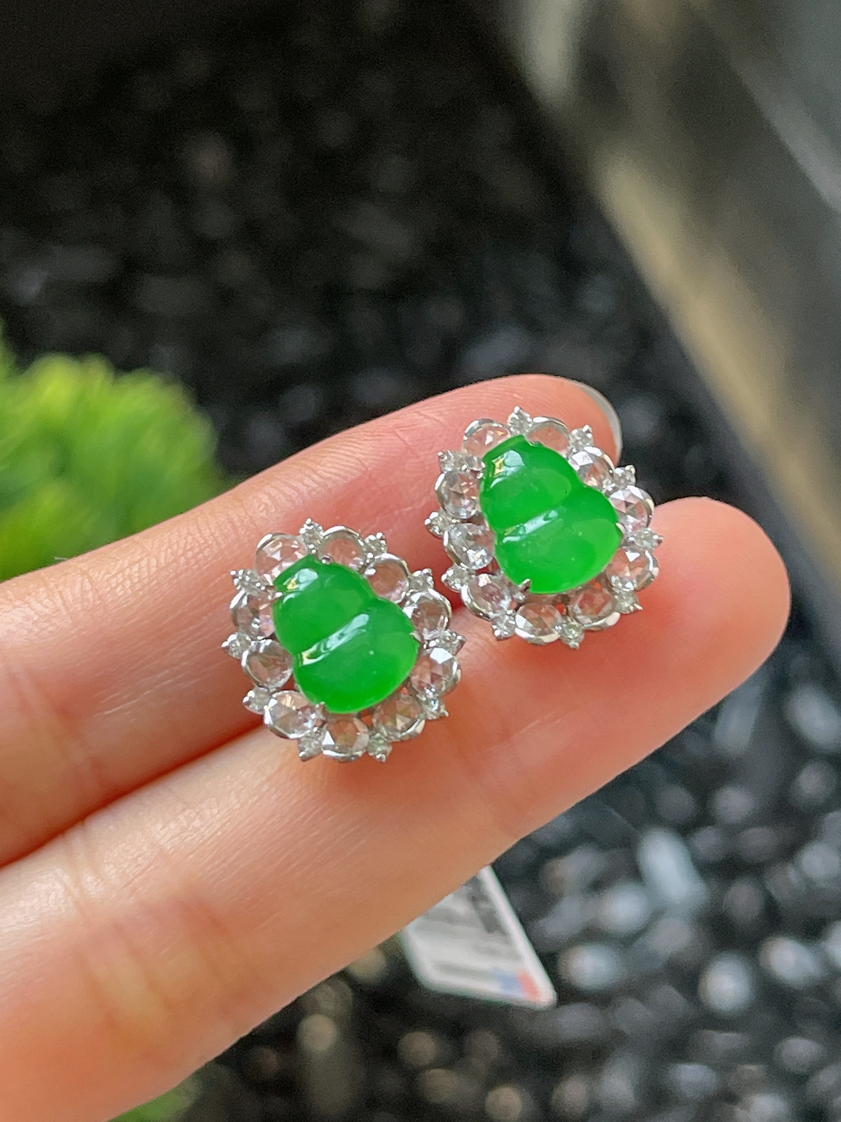 翡翠冰糯阳绿耳坠，印记：G18K,伴钻石