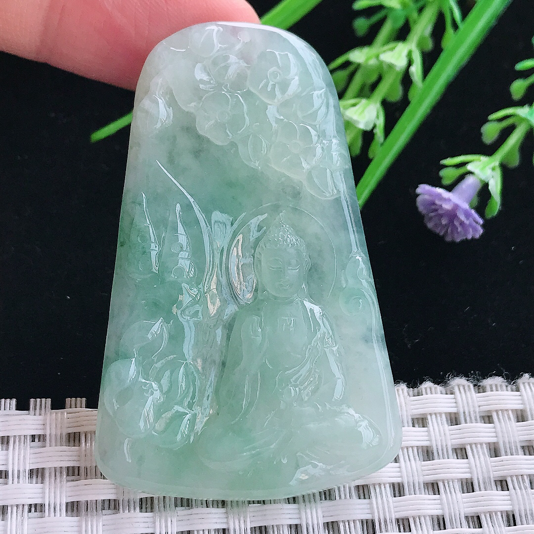 实拍A货翡翠54.8/35/5.3老坑冰胶果冻冰晴阿弥陀佛吊坠翡翠挂件