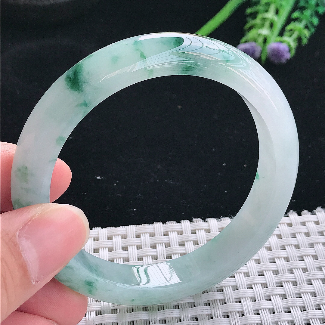 实拍天然翡翠56/11.3/8.3老坑冰胶水灵冰飘花手镯翡翠玉镯手环