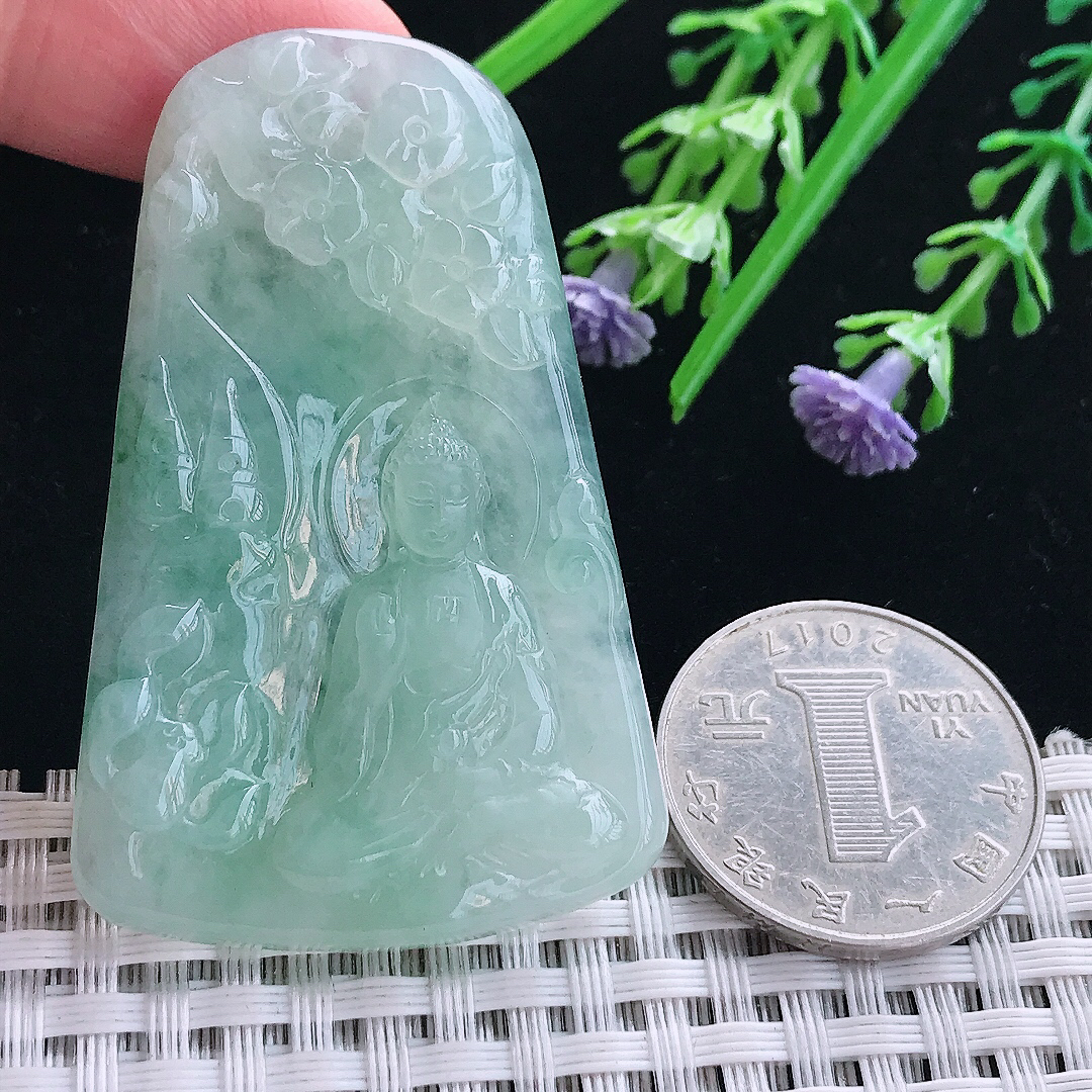 实拍A货翡翠54.8/35/5.3老坑冰胶果冻冰晴阿弥陀佛吊坠翡翠挂件