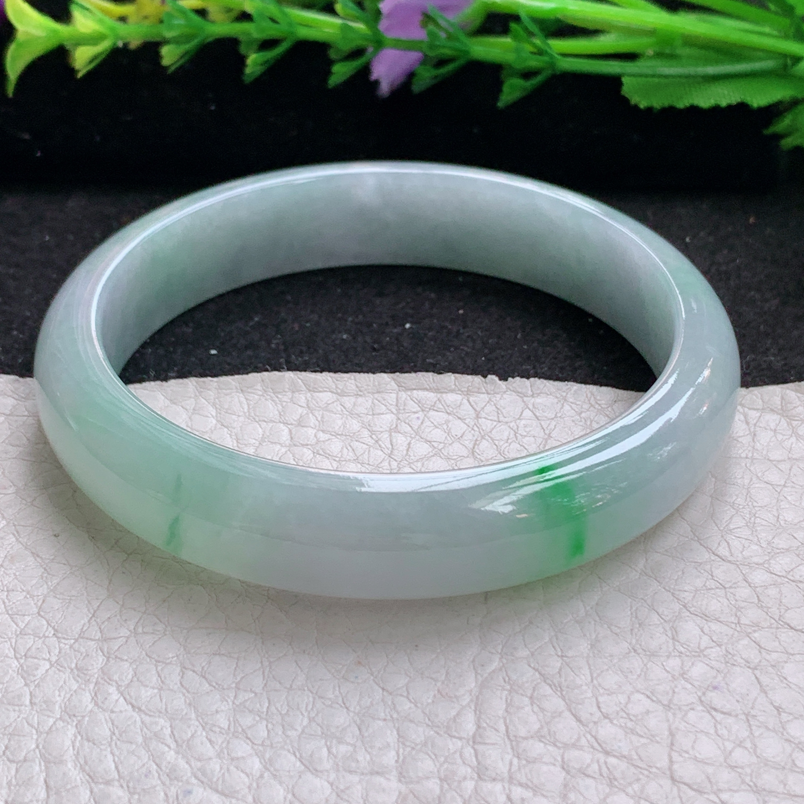 yh实拍59*12.6*7.2平安镯 天然缅甸翡翠A货手镯冰飘阳绿宽边正圈玉手环