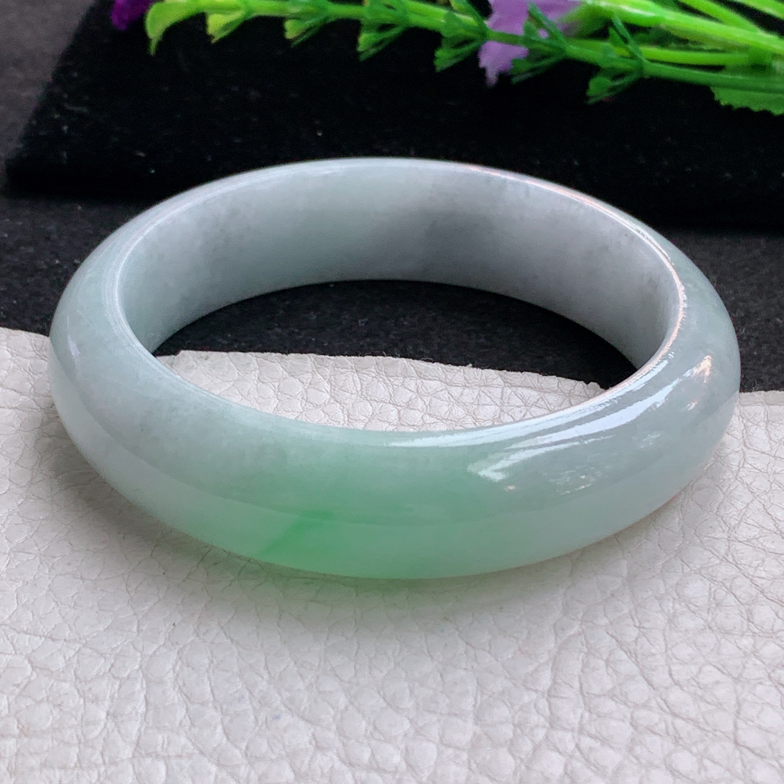 js实拍57.5*15.8*9平安镯 天然缅甸翡翠A货手镯清新飘绿正圈玉手环