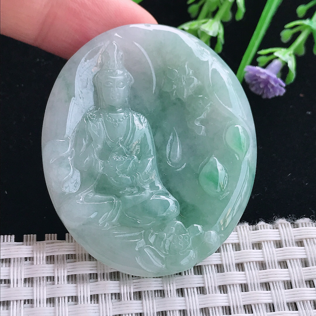 实拍A货翡翠4.8/43/5.5老坑冰润起胶赐福观音吊坠翡翠挂件
