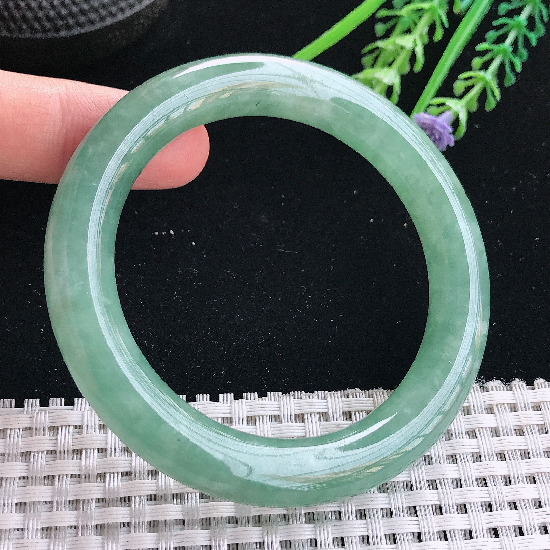 实拍天然翡翠55/10.5/10.3老坑冰润起胶满绿圆条手镯翡翠玉镯手环