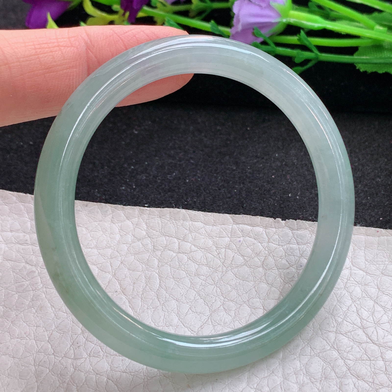 n小圈口51.5*6.8*7.2美人镯 天然缅甸翡翠A货手镯清爽秀气圆条玉手环