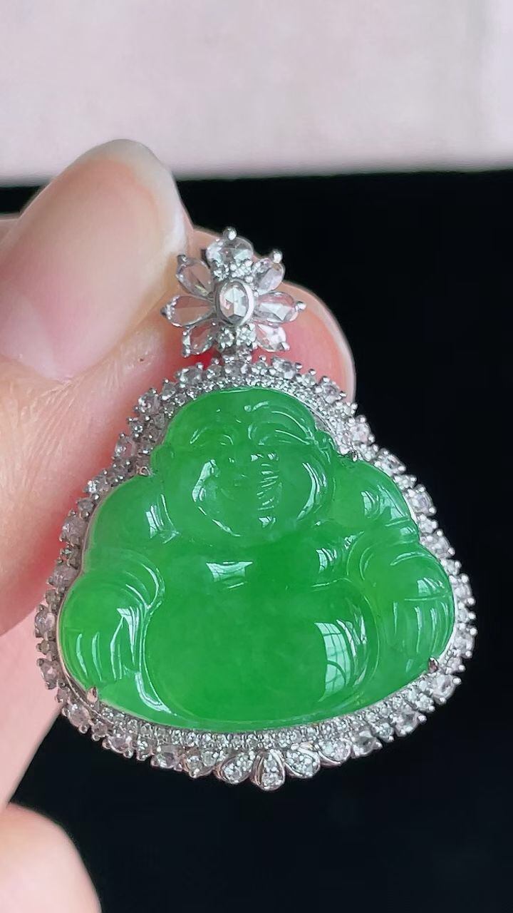 【翡翠名称】18K金豪华镶钻冰阳绿佛公吊坠
【翡翠尺寸】含金31/24/11.6mm
【翡翠描述】宝