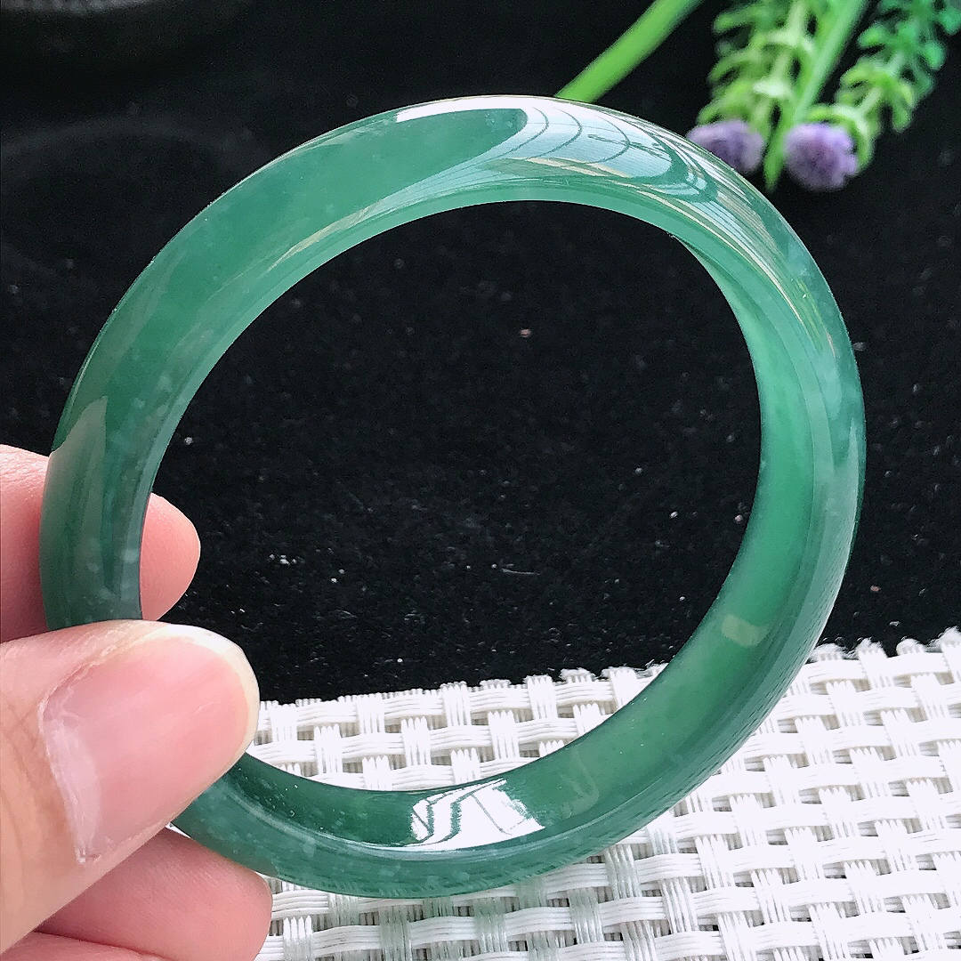 实拍天然翡翠56/11/7老坑冰胶果冻满色蓝韵手镯翡翠玉镯手环