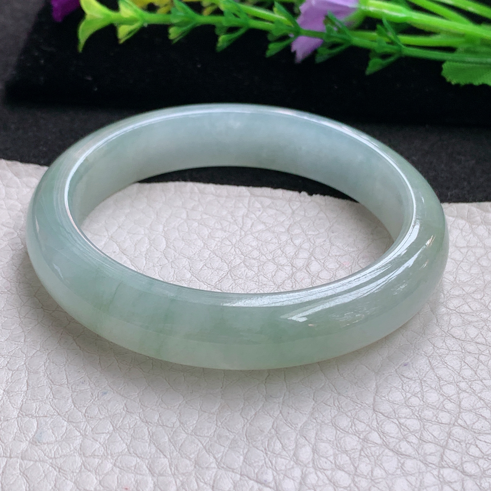 z实拍56.5*12.5*8.3平安镯 天然缅甸翡翠A货手镯冰润浅绿宽边正圈玉手环