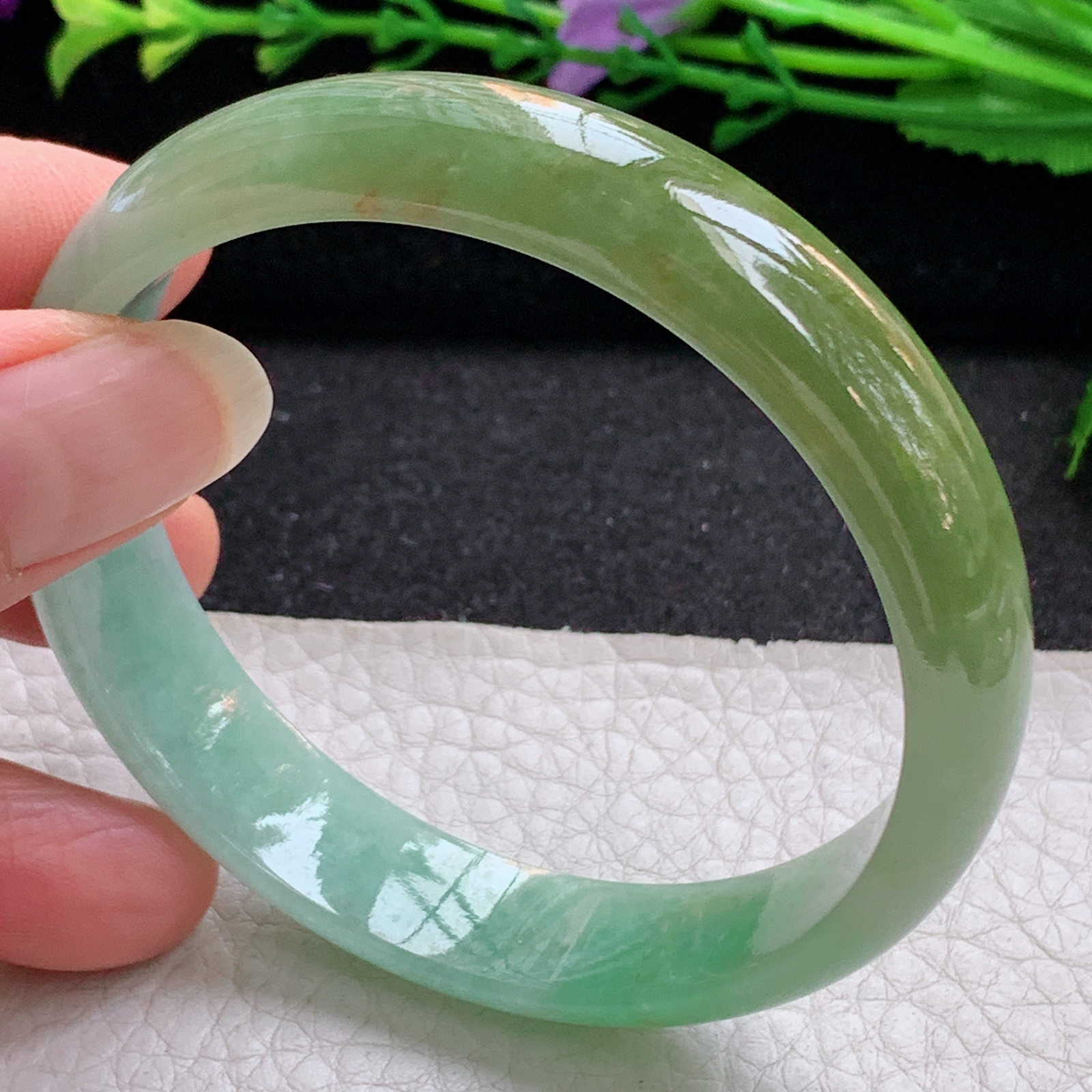 js实拍58.5*13.2*6.5招财镯 天然缅甸翡翠A货手镯冰双彩正圈玉手环