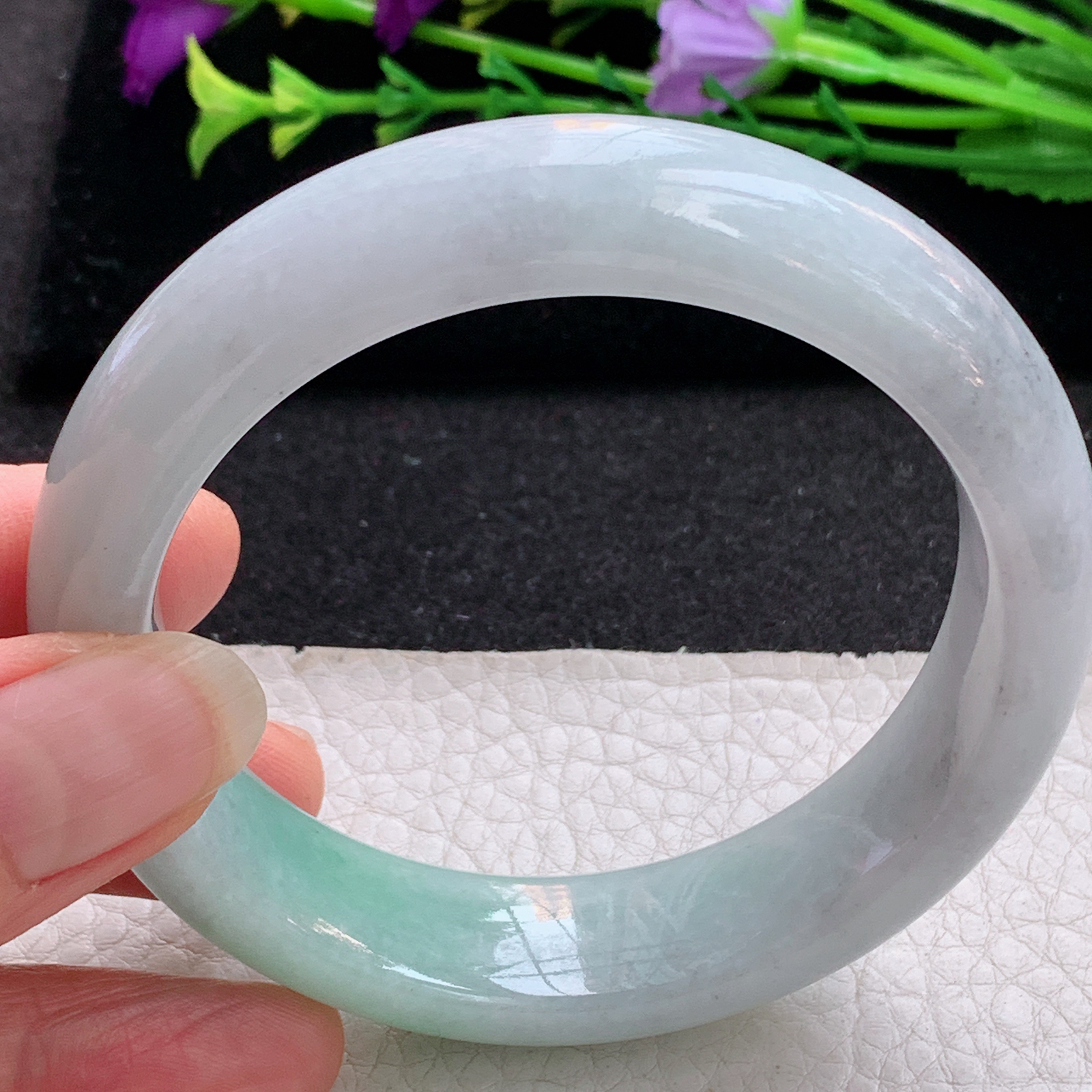 js实拍57.5*15.8*9平安镯 天然缅甸翡翠A货手镯清新飘绿正圈玉手环