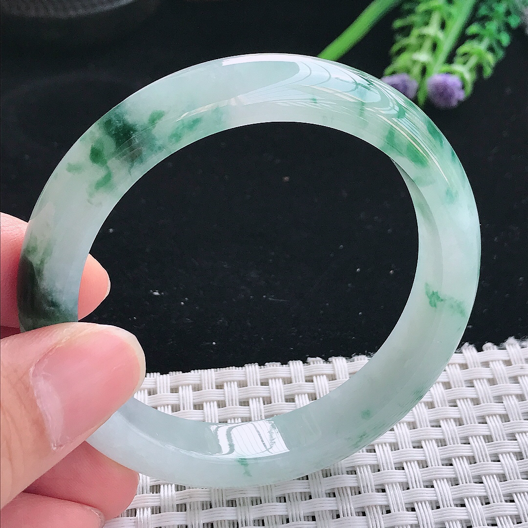 实拍天然翡翠56/11.3/8.3老坑冰胶水灵冰飘花手镯翡翠玉镯手环