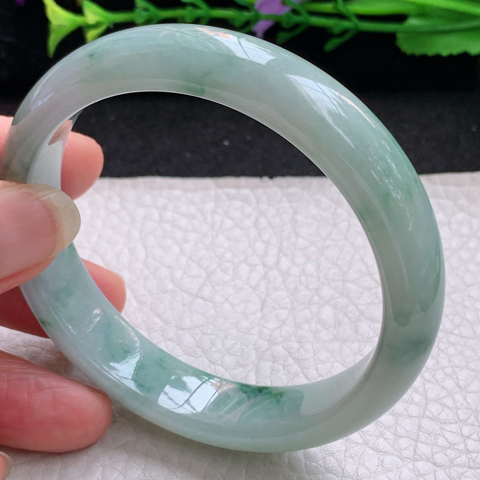 nr实拍57*13.6*7.3平安镯 天然缅甸翡翠A货手镯水润飘花宽边正圈玉手环