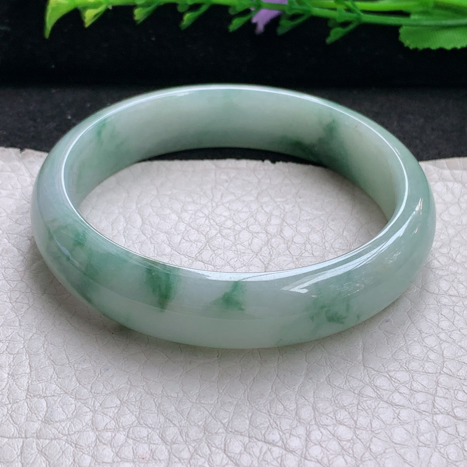 nr实拍57*13.6*7.3平安镯 天然缅甸翡翠A货手镯水润飘花宽边正圈玉手环