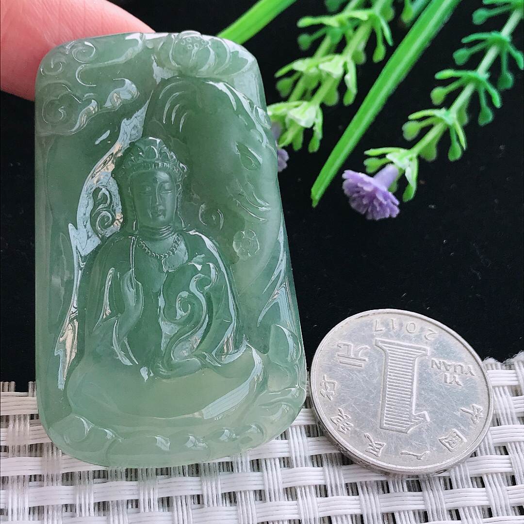 实拍A货翡翠57/36/6.6老坑冰胶果冻冰晴满绿普贤菩萨吊坠翡翠挂件