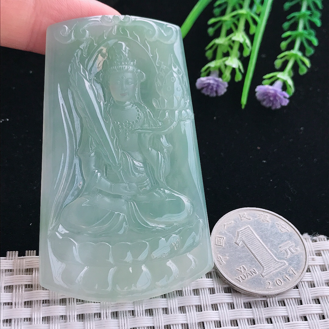 实拍A货翡翠69.8/43.5/5.8老坑冰胶果冻冰晴绿虚空藏菩萨吊坠翡翠挂件