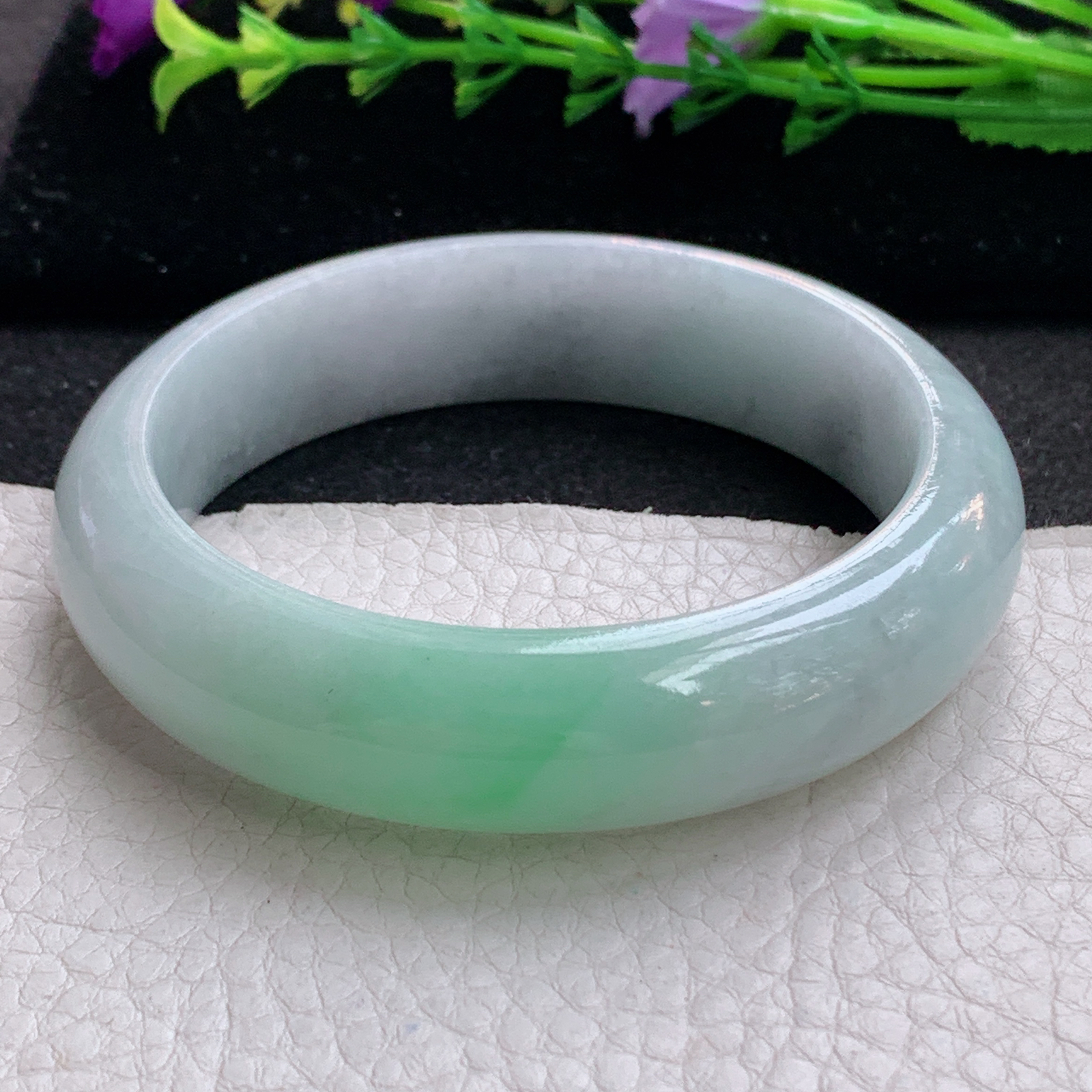 js实拍57.5*15.8*9平安镯 天然缅甸翡翠A货手镯清新飘绿正圈玉手环