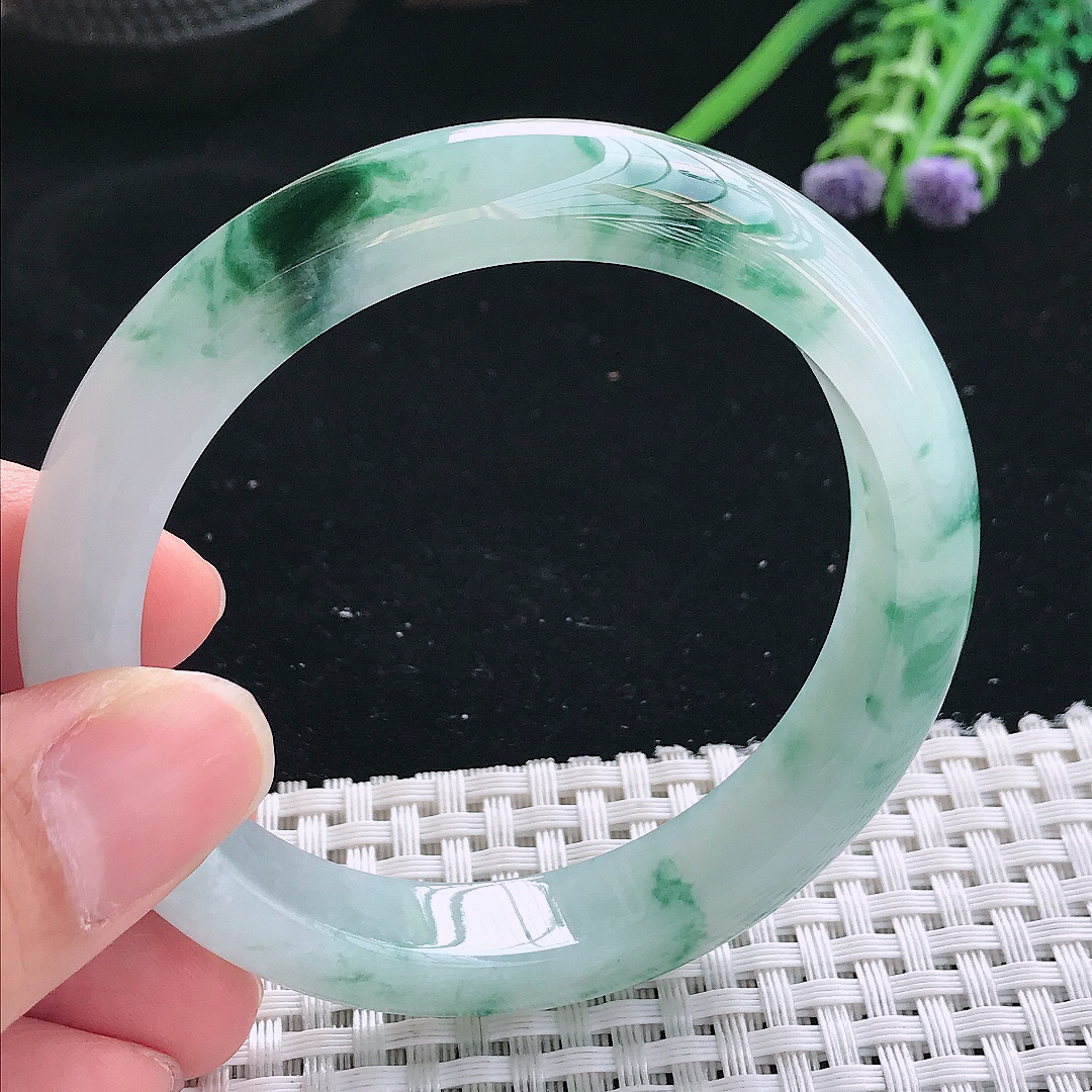 实拍天然翡翠56/11.3/8.3老坑冰胶水灵冰飘花手镯翡翠玉镯手环