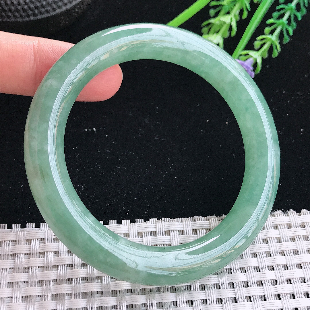 实拍天然翡翠55/10.5/10.3老坑冰润起胶满绿圆条手镯翡翠玉镯手环