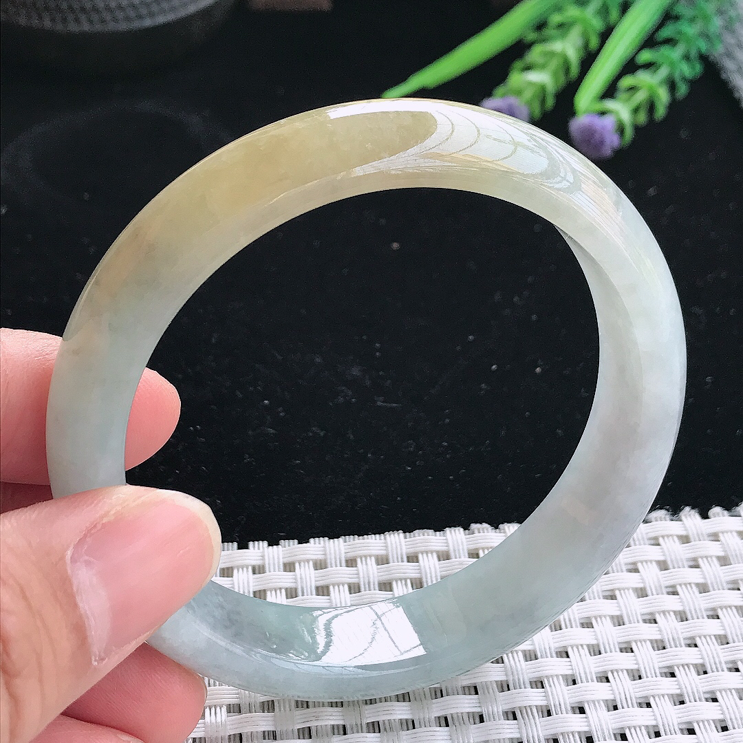 实拍天然翡翠57.5/13.5/7.8老坑精美温润飘黄翡手镯翡翠玉镯手环