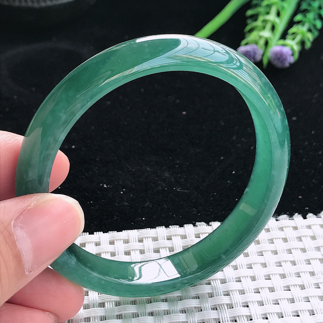 实拍天然翡翠56/11/7老坑冰胶果冻满色蓝韵手镯翡翠玉镯手环