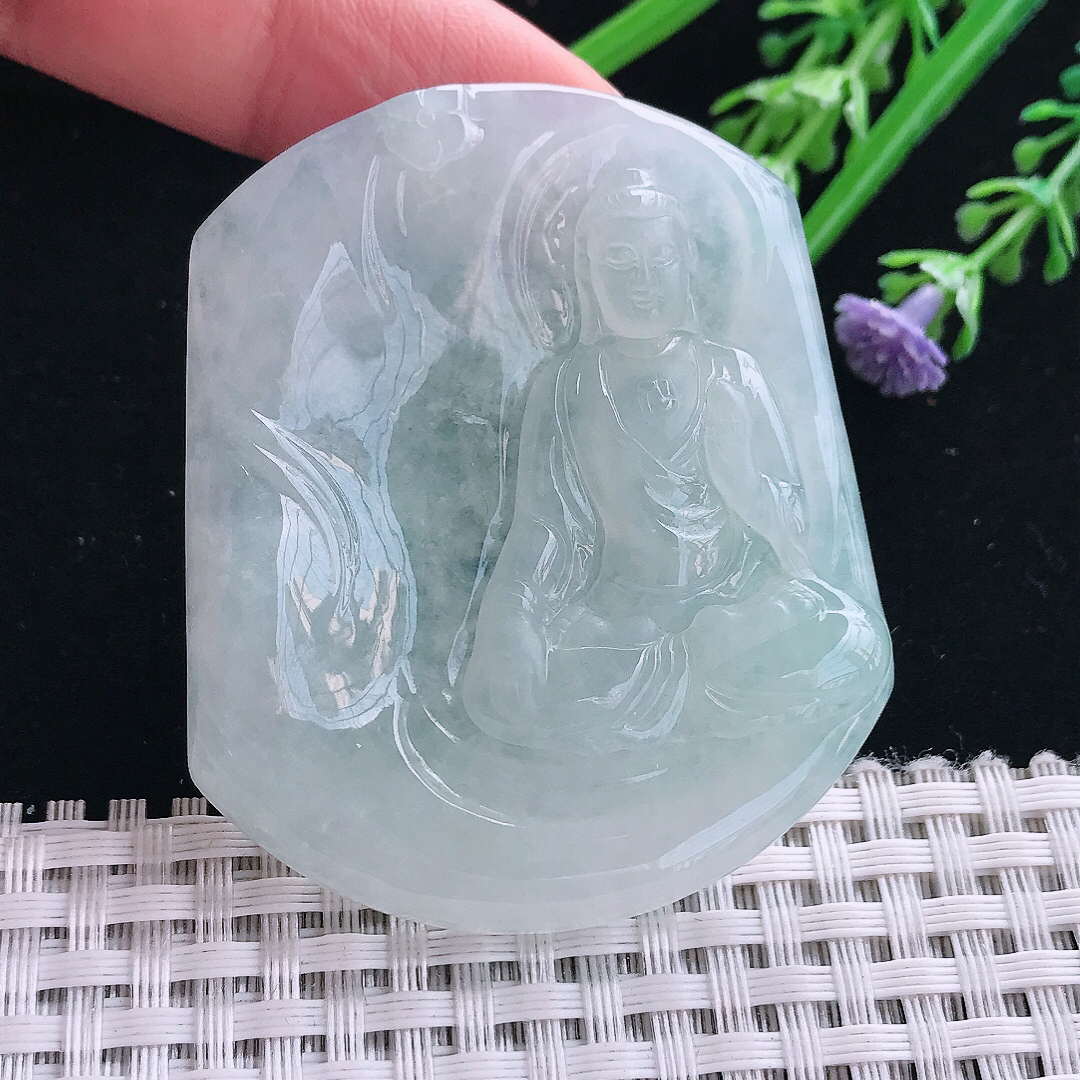 实拍A货翡翠54.9/46.5/6.3老坑冰胶果冻阿弥陀佛吊坠翡翠挂件