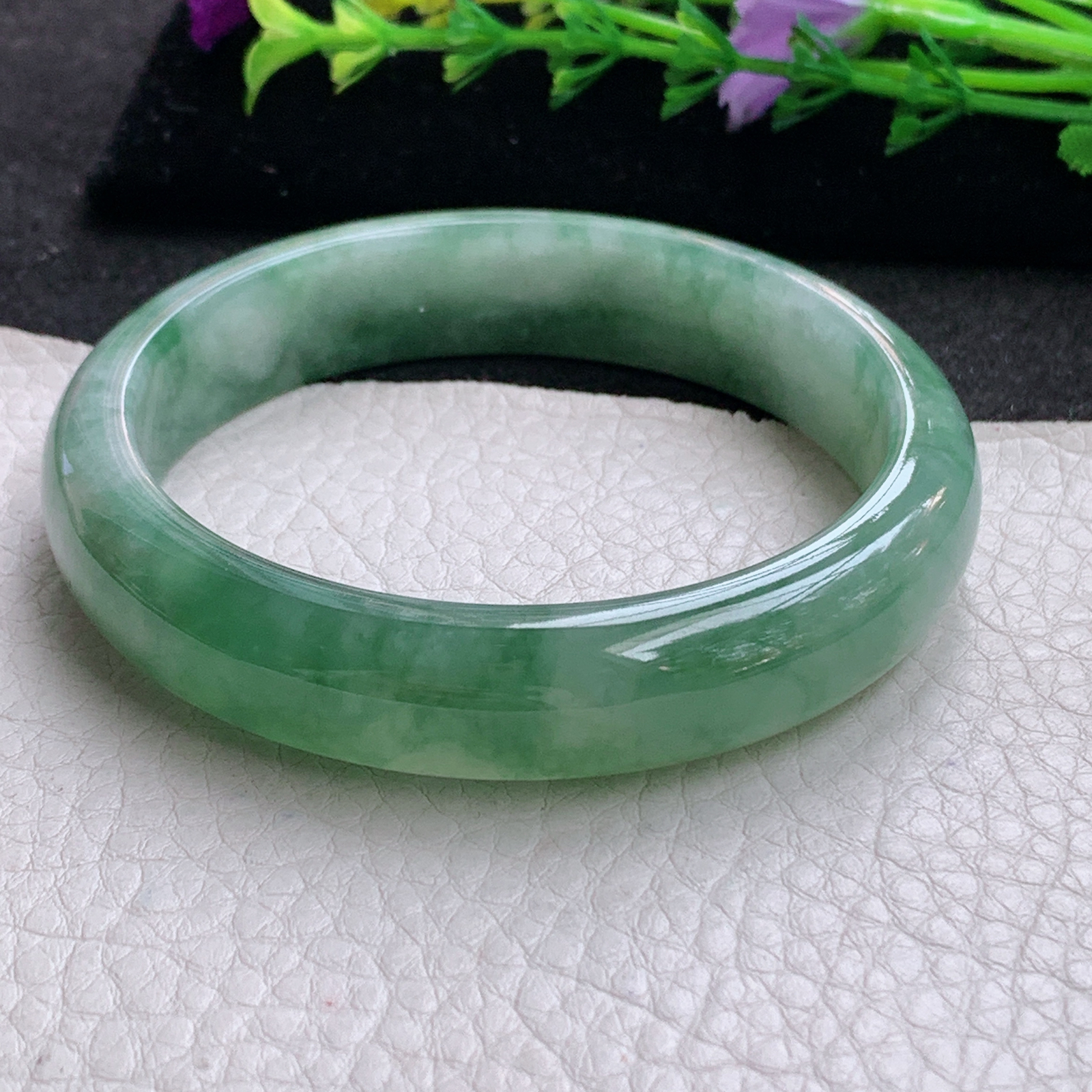 z实拍58.5*13.5*7.5平安镯 天然缅甸翡翠A货手镯飘花韵味宽边正圈玉手环