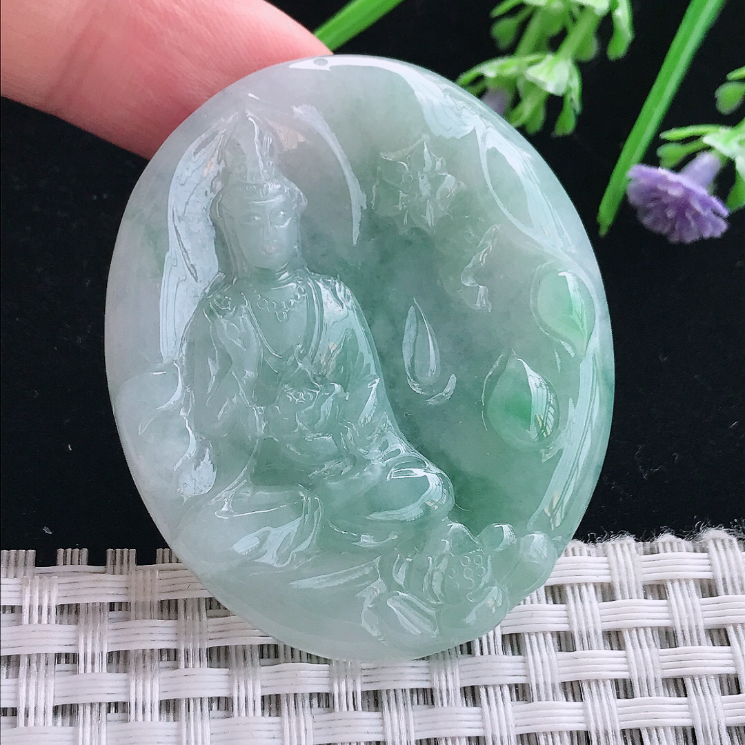实拍A货翡翠4.8/43/5.5老坑冰润起胶赐福观音吊坠翡翠挂件